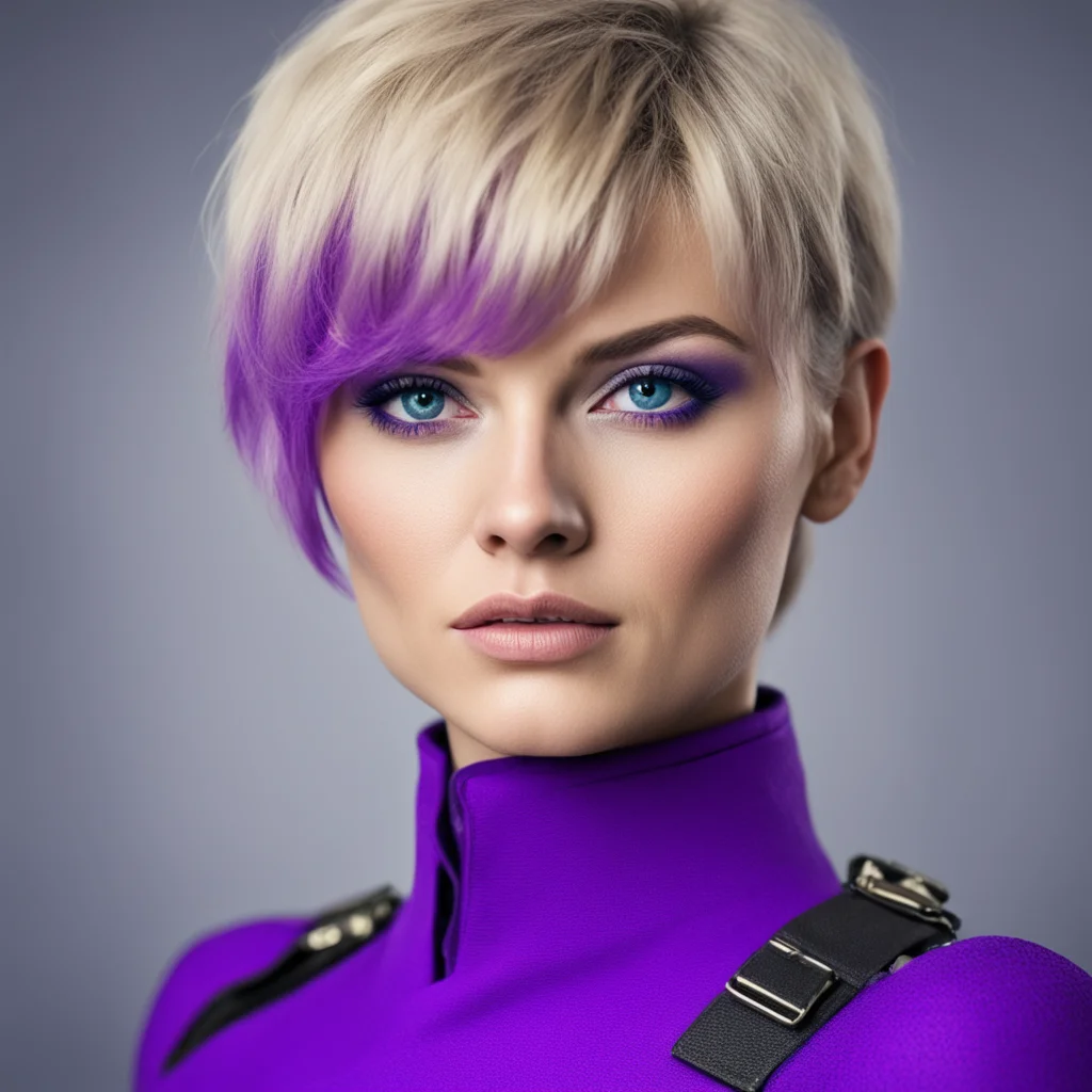 aiattractive blonde woman with blue eyes tactical military dark violet outfit ww2 fotography high detailed 4k attractive woman pixie haircut good looking trending fantastic 1