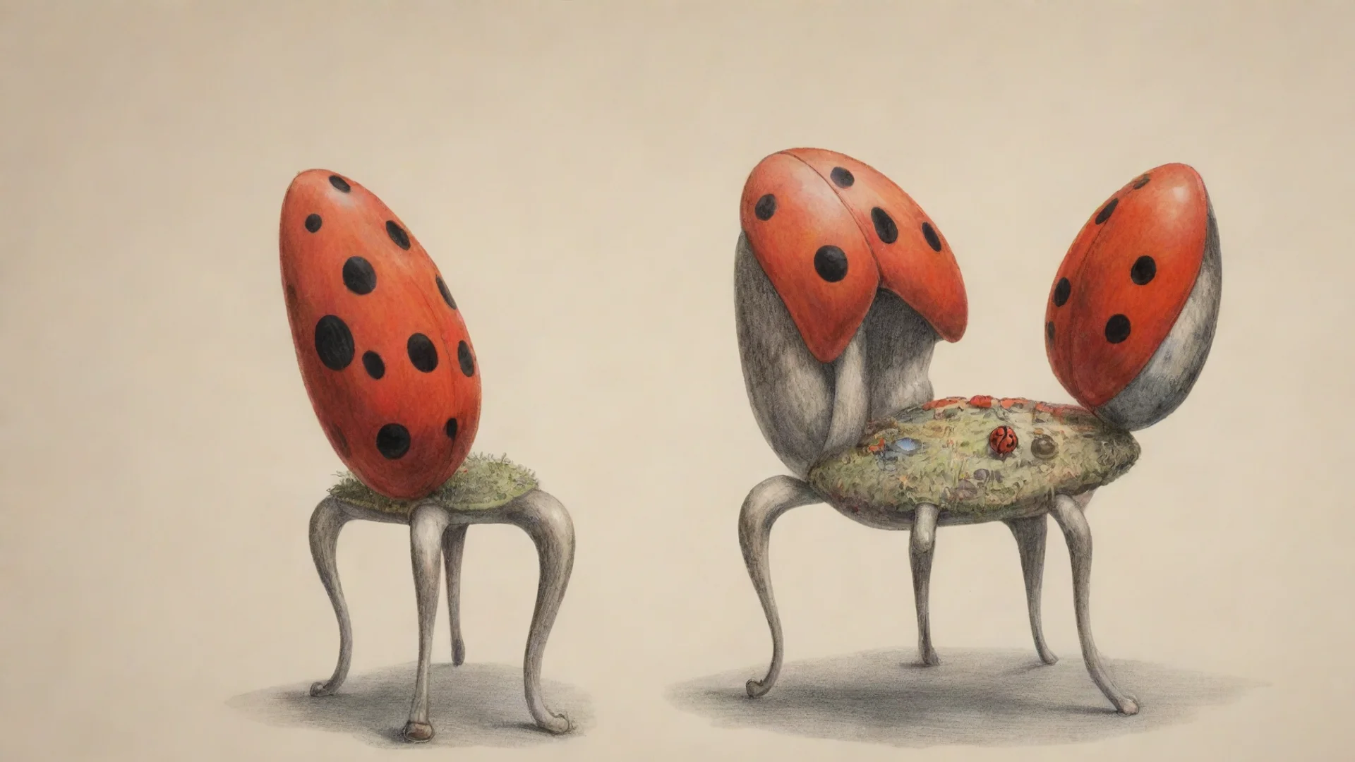aiavant garde chair. novel chair%2C detailed drawing%2C colored drawing of chair%2C inspired with the lady bug and mushroom wide