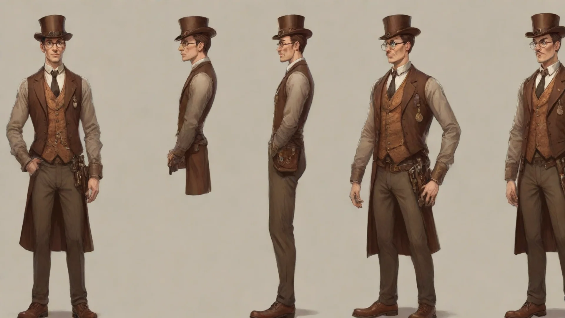 aiaverage looking male bureaucratic steampunk office worker in the style of game concept art wide