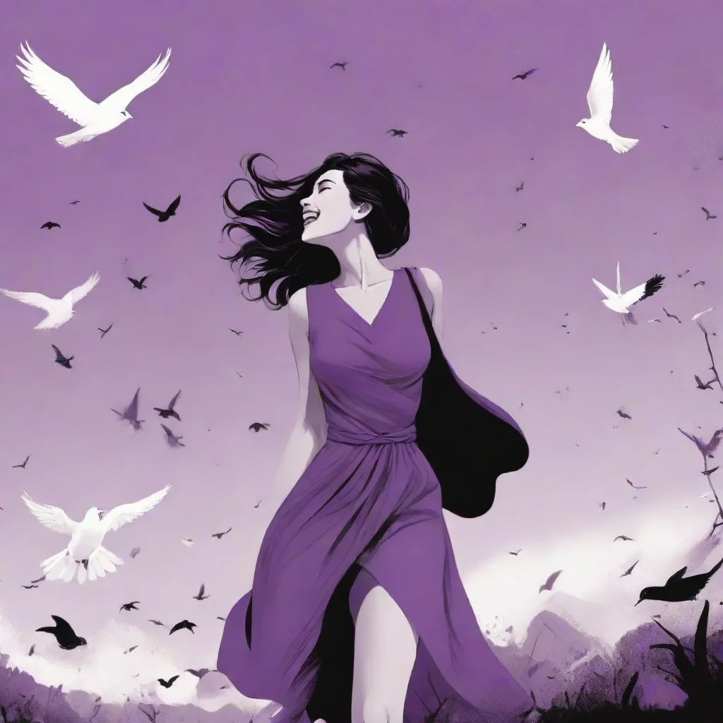 aiaward winning illustration with a 2d vector illustration of a happy woman%2C colors purple%2C black and white. epic. lots of litte details. behind the woman%2C birds are flying.