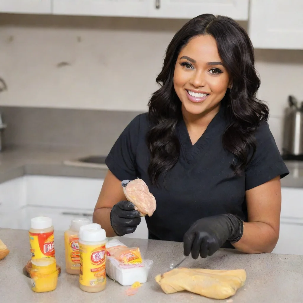 ayesha curry smiling  with black comfy nitrile gloves  and gun and mayonnaise splattered everywhere