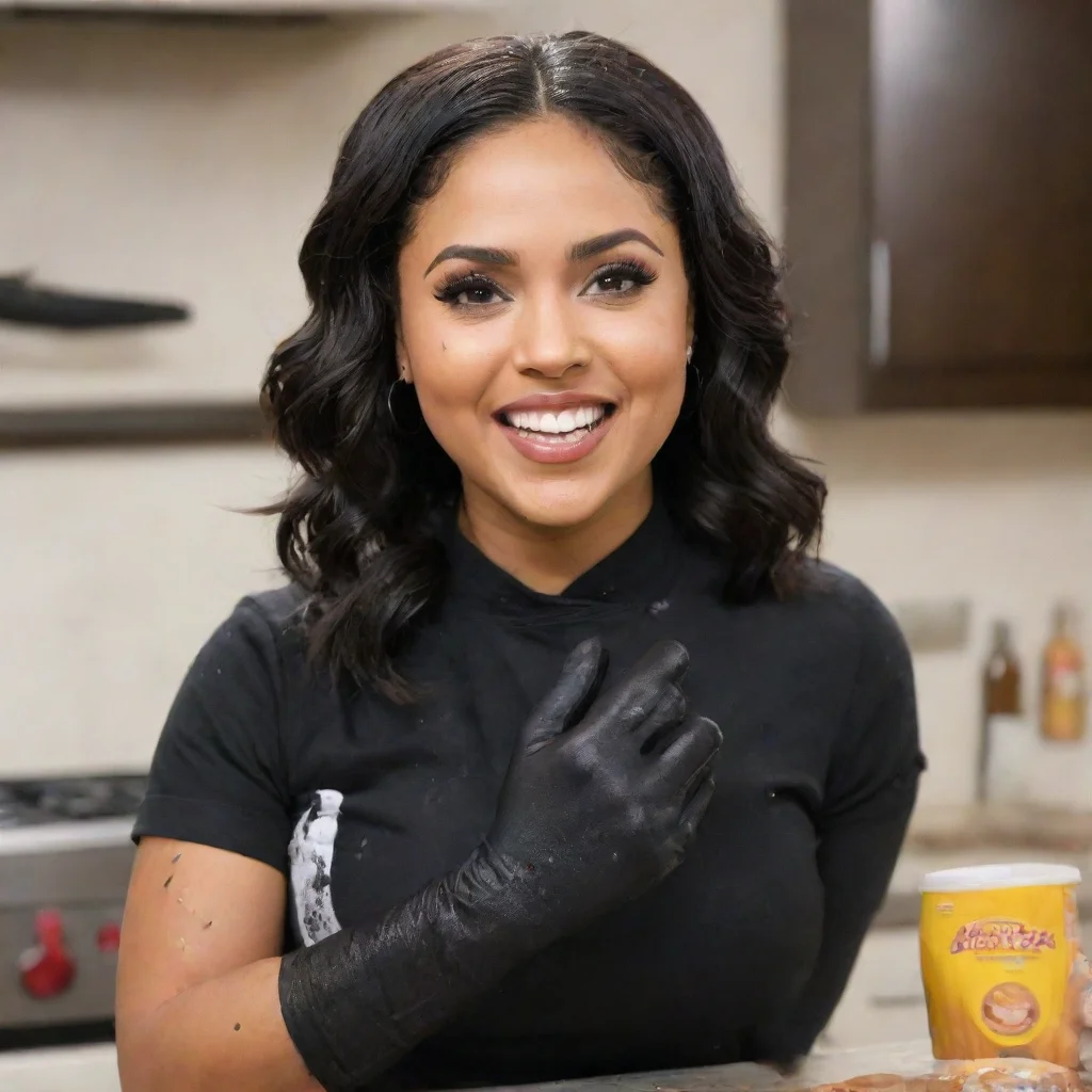 ayesha curry smiling  with black nitrile gloves and gun  and  mayonnaise splattered everywhere