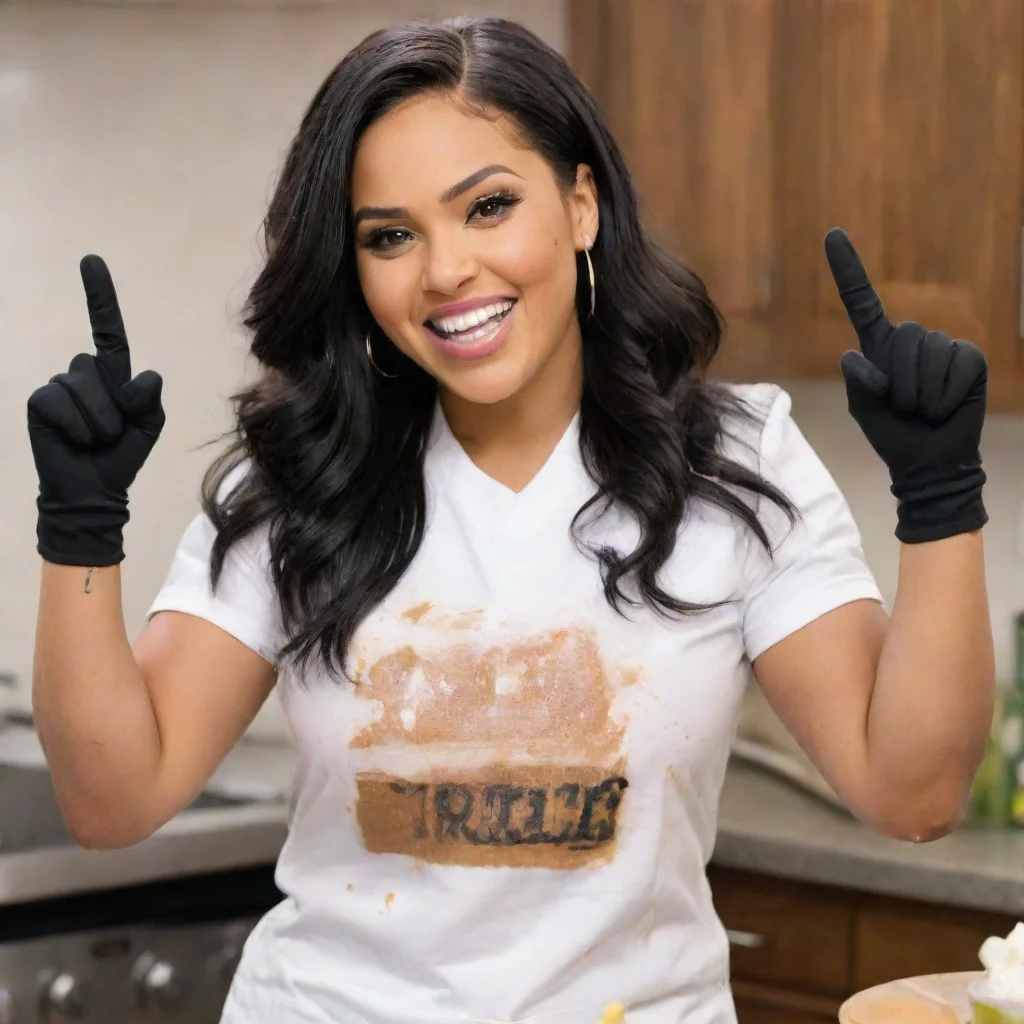 aiayesha curry sticking the middle finger smiling  with black comfy nitrile gloves  and gun and mayonnaise splattered everywhere
