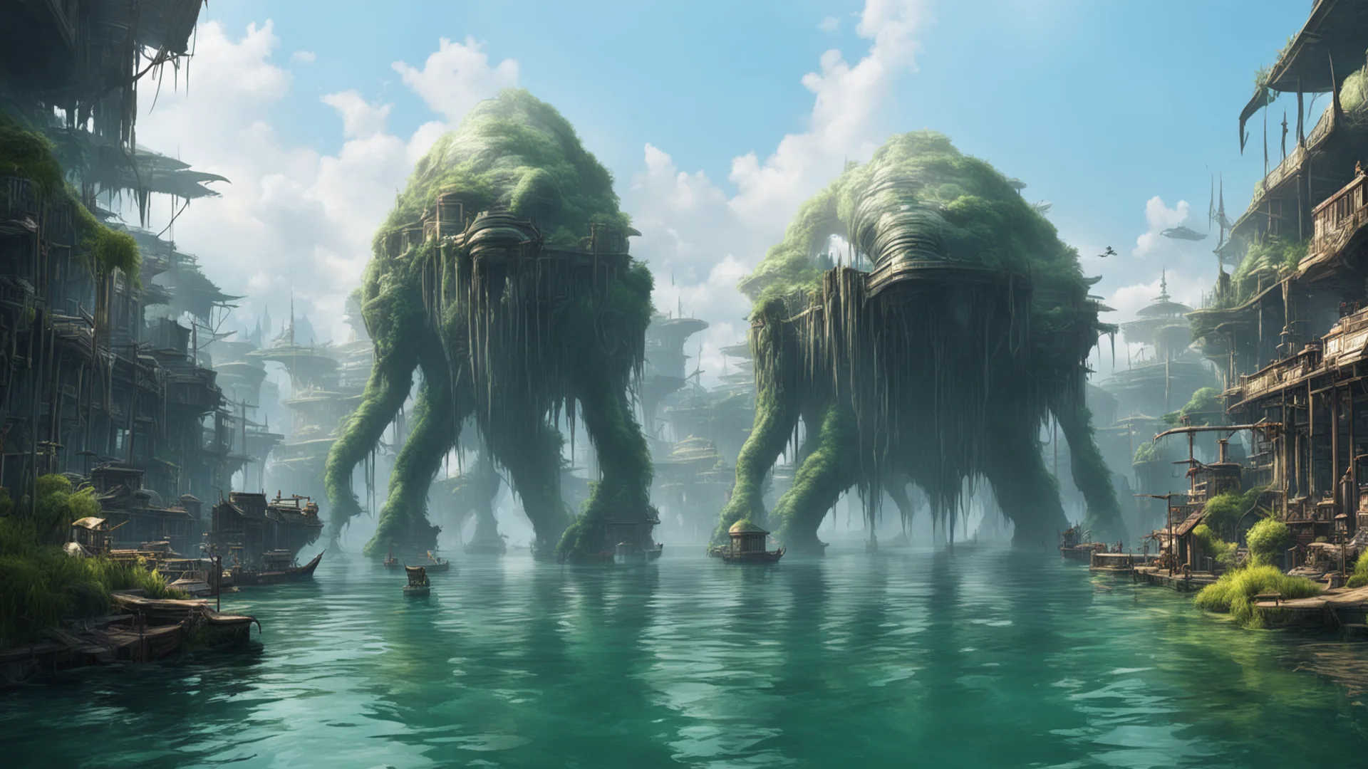 back water trade hub with a big fluffy alien walking around amazing awesome portrait 2 wide