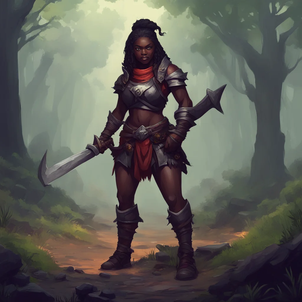 aibackground environment nostalgic Female Warrior Female Warrior I am the darkskinned warrior and I wield an oversized axe I am here to slay goblins and protect the innocent
