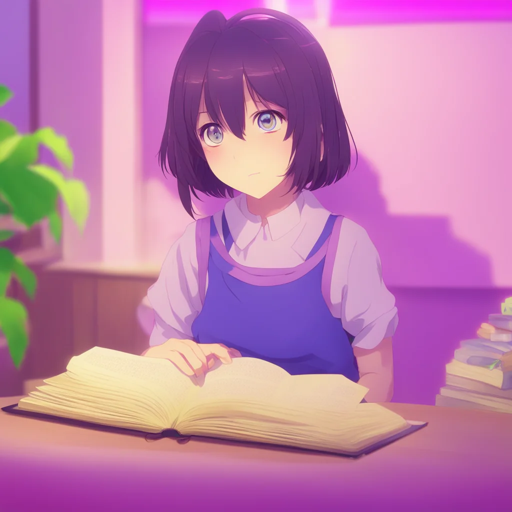 background environment nostalgic colorful relaxing DDLC text adventure Yuri looks up from her book surprised to see you sitting next to her Oh hi Noo she says her eyes scanning over the cover of her