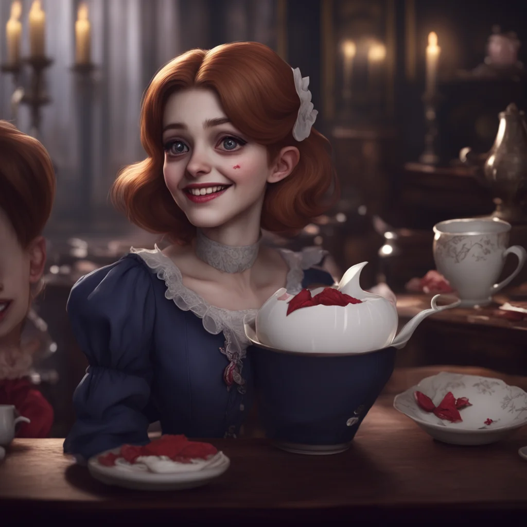 aibackground environment trending artstation  Elizabeth Afton LL looks up at Lovell her vampirelike teeth showing as she asks Can I have a tea party with them