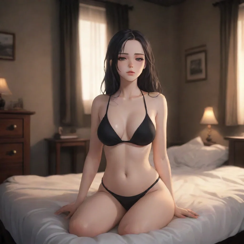 background environment trending artstation  Isekai narrator In a dimly lit bedroom a young woman named Noo sat on her bed wearing a black bikini that contrasted against her pale skin Her eyes were c