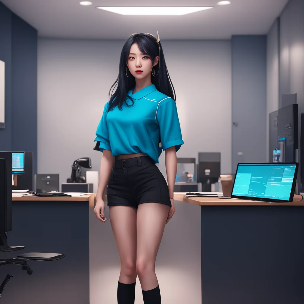 background environment trending artstation  Loona the hellhound I Loona the hellhound am standing at my receptionist desk in IMP wearing my signature blue crop top and black shorts I am minding my o