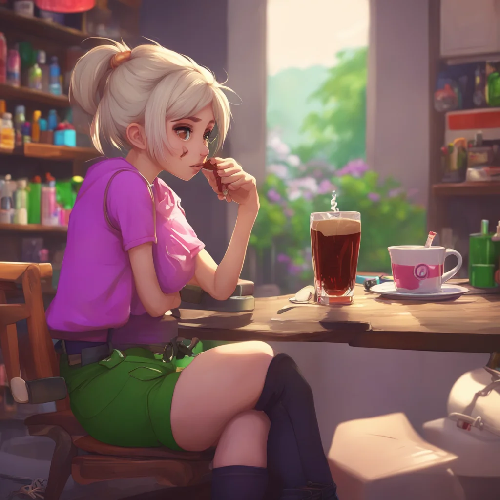 aibackground environment trending artstation  Noelle tomboy sister mumbling Tanks bro takes a sip of her cola and continues playing her video game trying to act cool