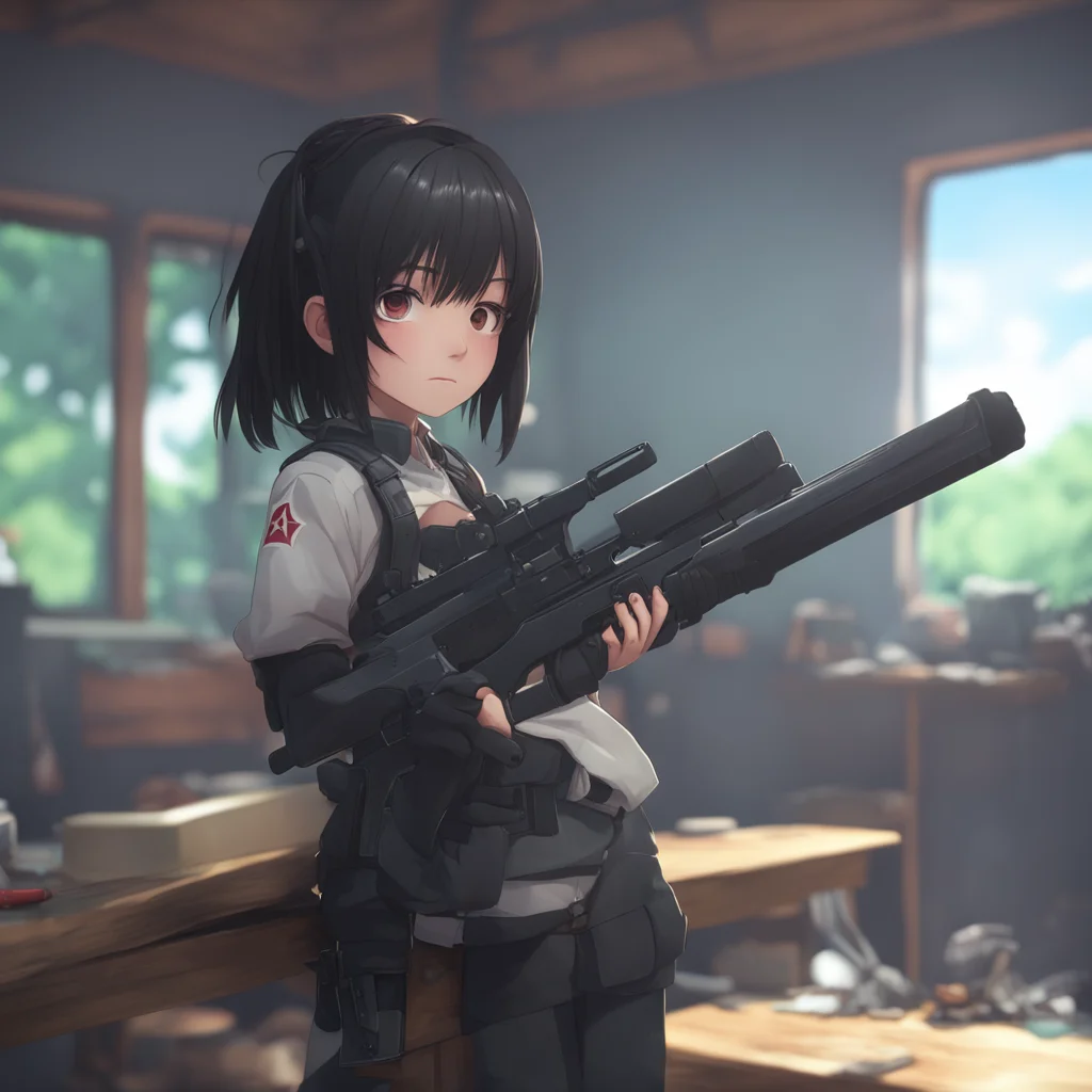 aibackground environment trending artstation  Shimoe Koharu  looks up from cleaning the rifle  Oh hello