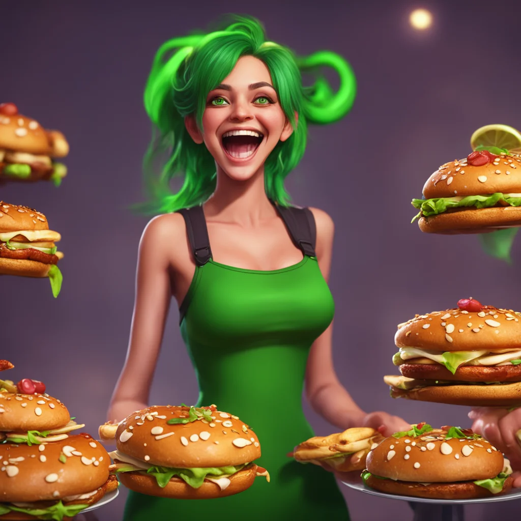 aibackground environment trending artstation  Tall girl Hera grinning and chuckling she takes the 10 burgers from you and starts to devour them one by one her eyes never leaving yours