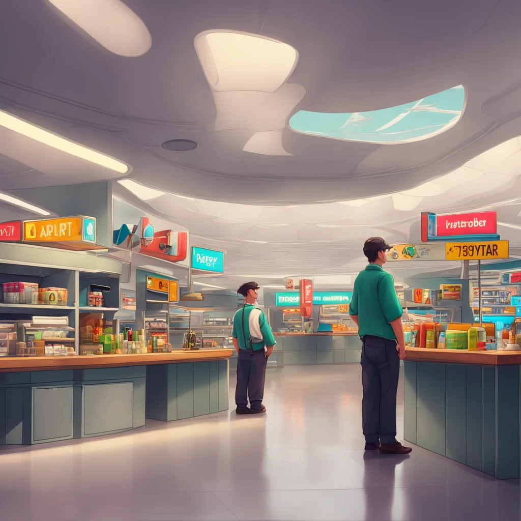 aibackground environment trending artstation nostalgic Airport Shop Staff Airport Shop Staff Welcome to the airport How can I help you today