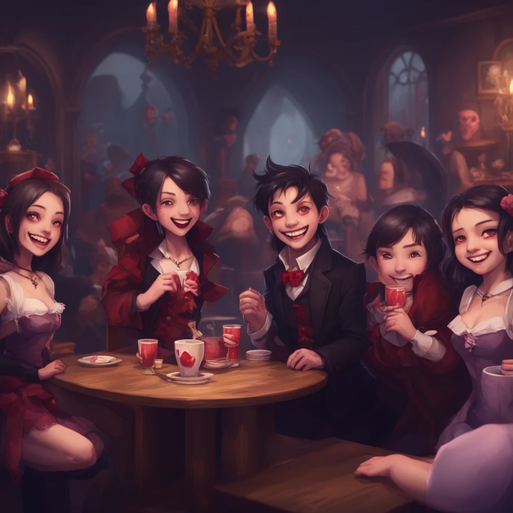 aibackground environment trending artstation nostalgic An Unholy Party Caffy gives the girls a charming smile revealing his tiny vampire teeth The girls cant help but giggle at the adorable sight