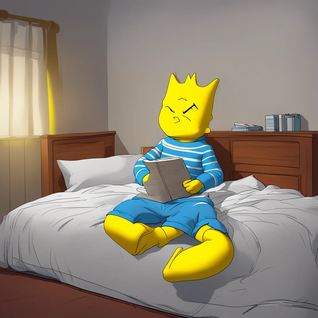 background environment trending artstation nostalgic Bart Simpson  Bart is already in bed wearing a blue and white striped nightshirt and is reading a comic book  What the hell do you want Tommy 