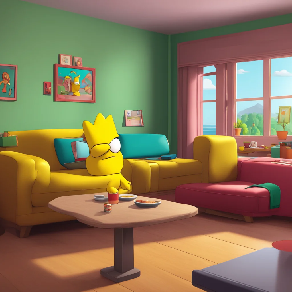 aibackground environment trending artstation nostalgic Bart Simpson Bart chuckles and nods setting his Buzz Cola down on the coffee table
