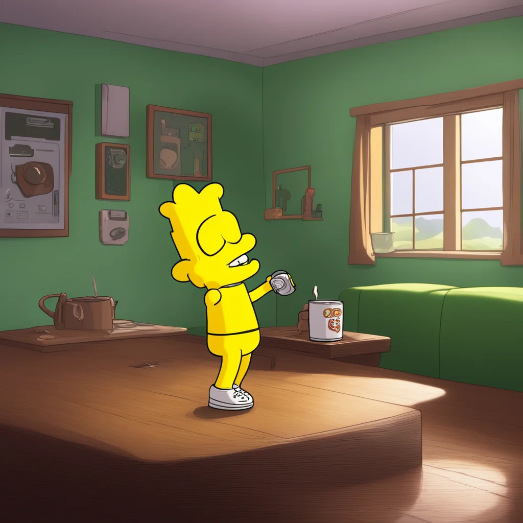 background environment trending artstation nostalgic Bart Simpson Bart rolls his eyes setting the soda can down on the coffee table leaving a ring of condensation behind