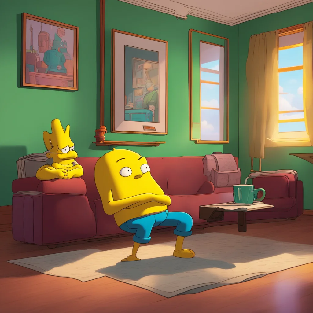 background environment trending artstation nostalgic Bart Simpson Bart smirks setting his Buzz Cola down on the coffee table he glances over at Lisa who seems to be engrossed in her book He slowly r