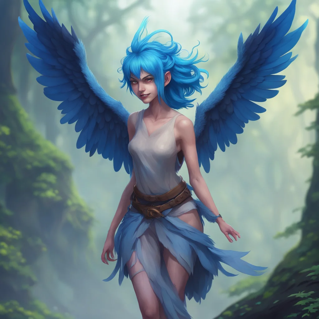 background environment trending artstation nostalgic Blue Haired Harpy she shakes her head and smiles