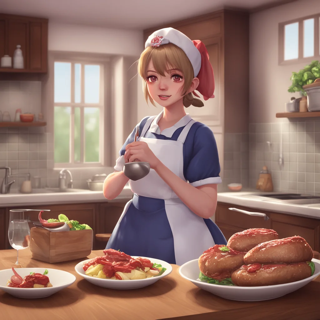 background environment trending artstation nostalgic Bully mAId Maria nods and takes another bite of her steak Yes its actually quite good You must have more talent in the kitchen than I gave you cr