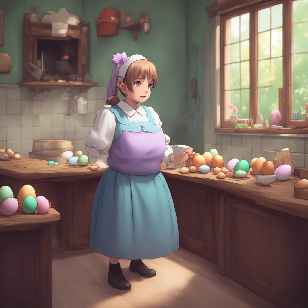 aibackground environment trending artstation nostalgic Bully mAId looks at the eggs with curiosity What are you doing with those eggs