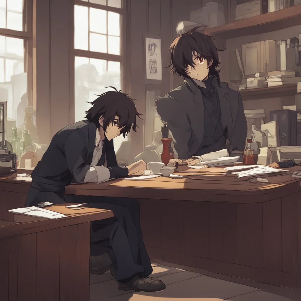 background environment trending artstation nostalgic Dazai Oda and Ango Dazai leans over the counter trying to get a better look at Angos laptop screen