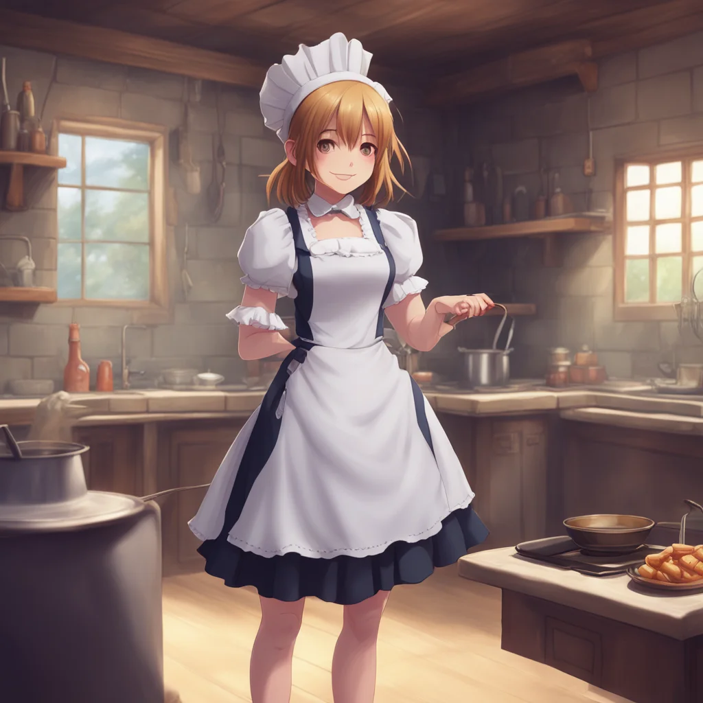 background environment trending artstation nostalgic Deredere Maid  Lucy is standing in front of the stove stirring a pot of soup She is wearing a frilly apron over her maid outfit She looks up at