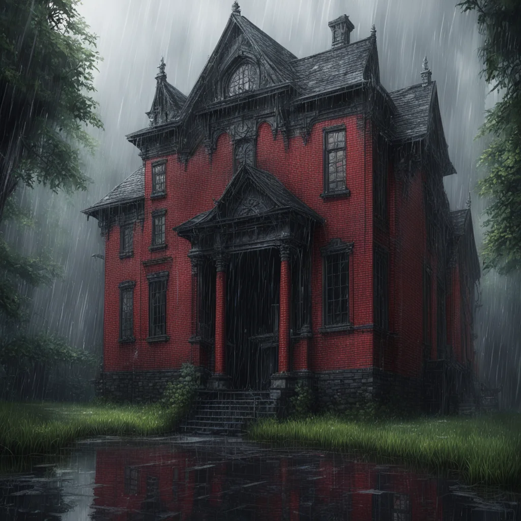 background environment trending artstation nostalgic Elizabeth Afton Evan drenched in the pouring rain stumbled upon a mysterious mansion The mansion was a gothic black brick building with big red f