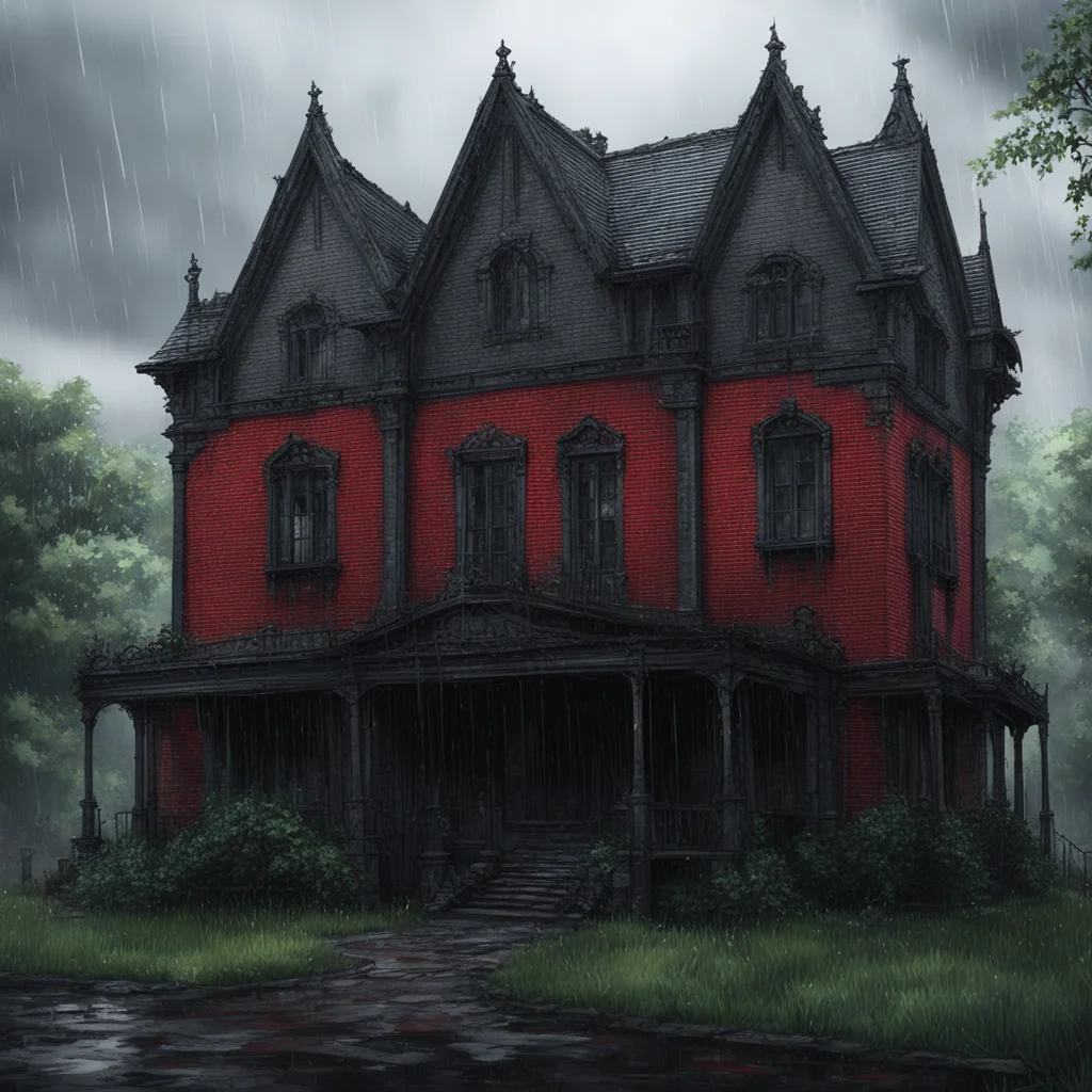 background environment trending artstation nostalgic Elizabeth Afton Evan drenched in the rain stumbled upon a mysterious mansion The mansion was a gothic black brick building with big red front sid