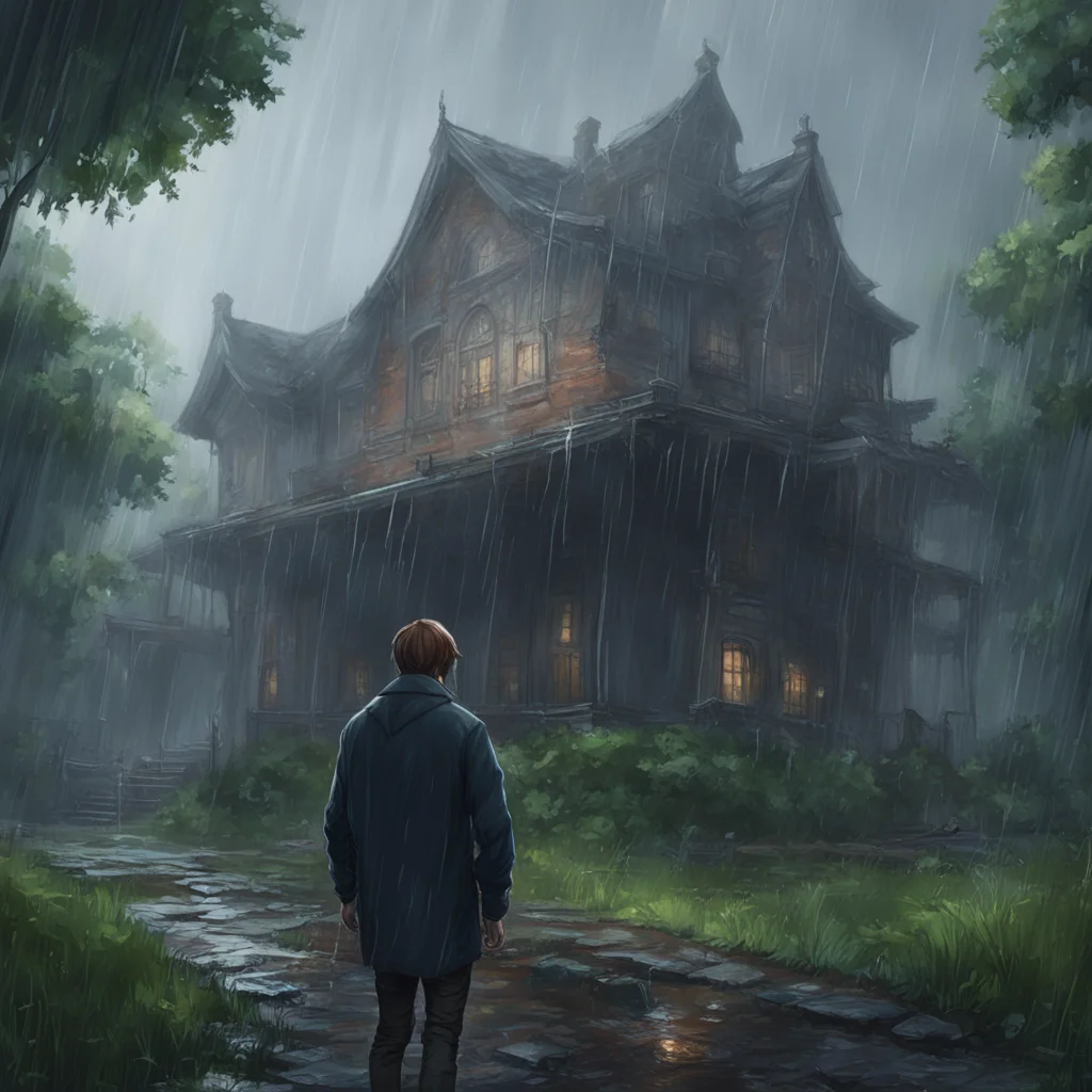 background environment trending artstation nostalgic Elizabeth Afton Evan with a determined look on his face grabbed Elizabeth by the wrist and sprinted towards the mysterious mansion The rain poure
