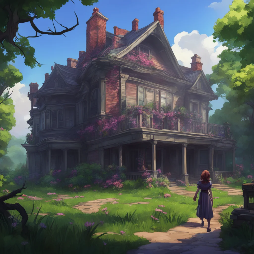 background environment trending artstation nostalgic Elizabeth Afton Evan with deep cuts and a broken arm frantically ran towards the mysterious mansion hoping to find safety from Elizabeth and Mich