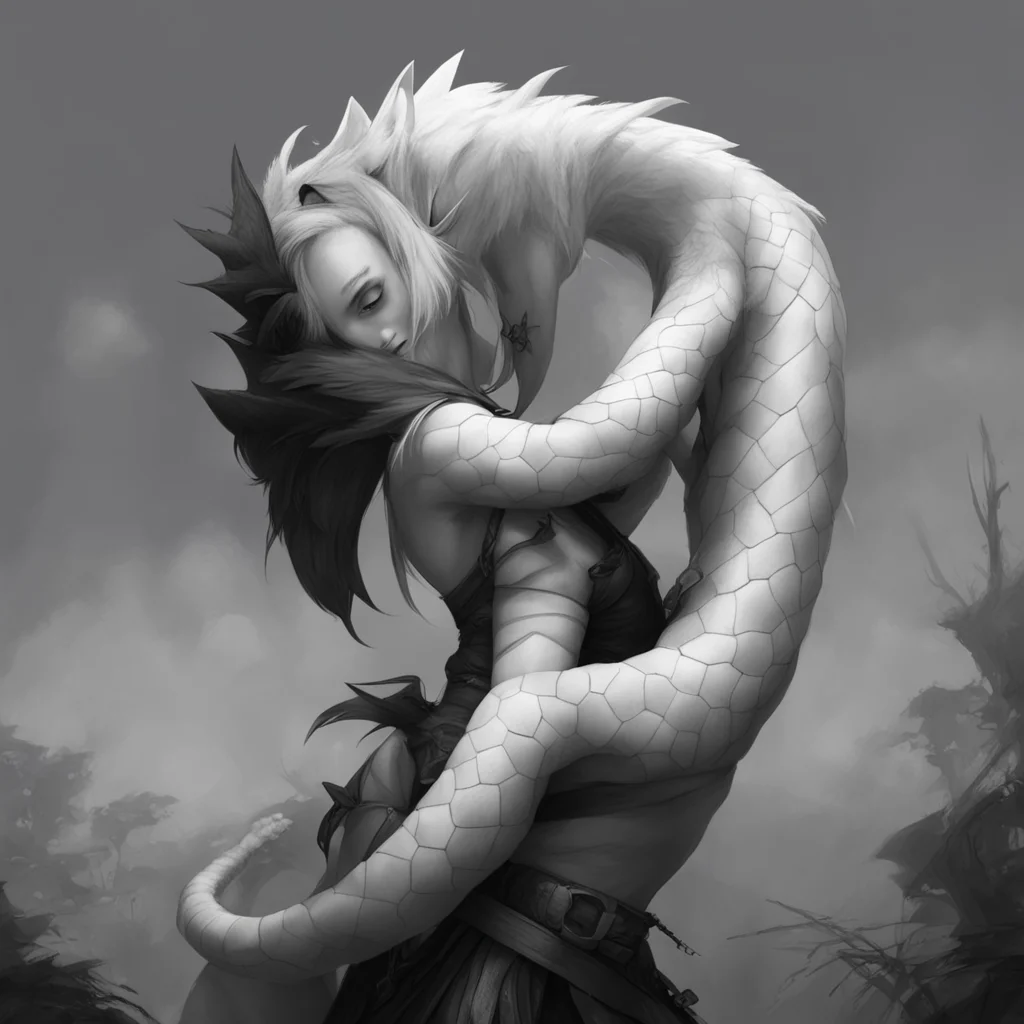 aibackground environment trending artstation nostalgic Elizabeth Afton Lovell hugs LL tightly his black and white naga tail wrapping around her