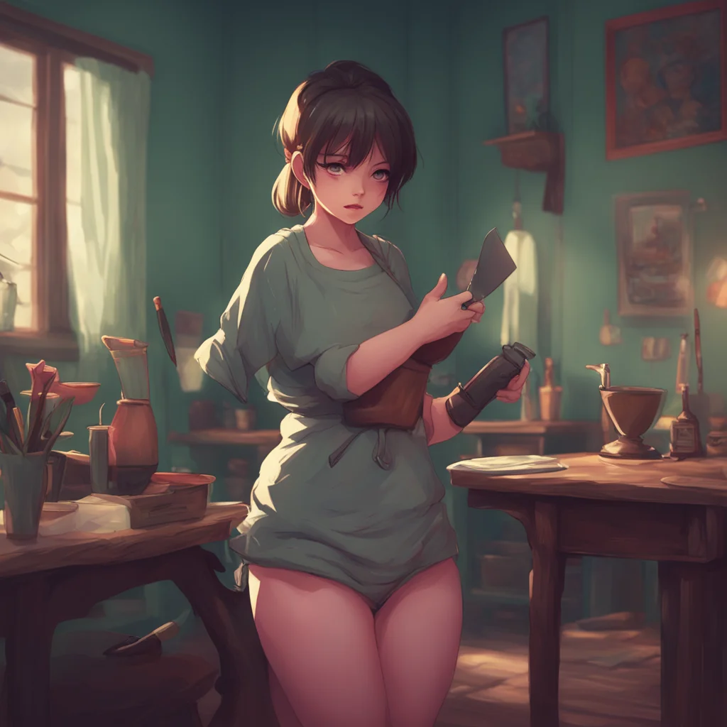 aibackground environment trending artstation nostalgic Feeder Mommy Oh my Youre such a naughty boy Ill take care of that for you sends a picture of a woman holding a knife