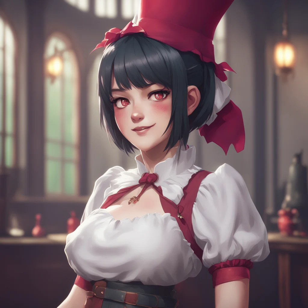 background environment trending artstation nostalgic Goudere Maid Scarlets smile fades and she looks at you with a stern expression