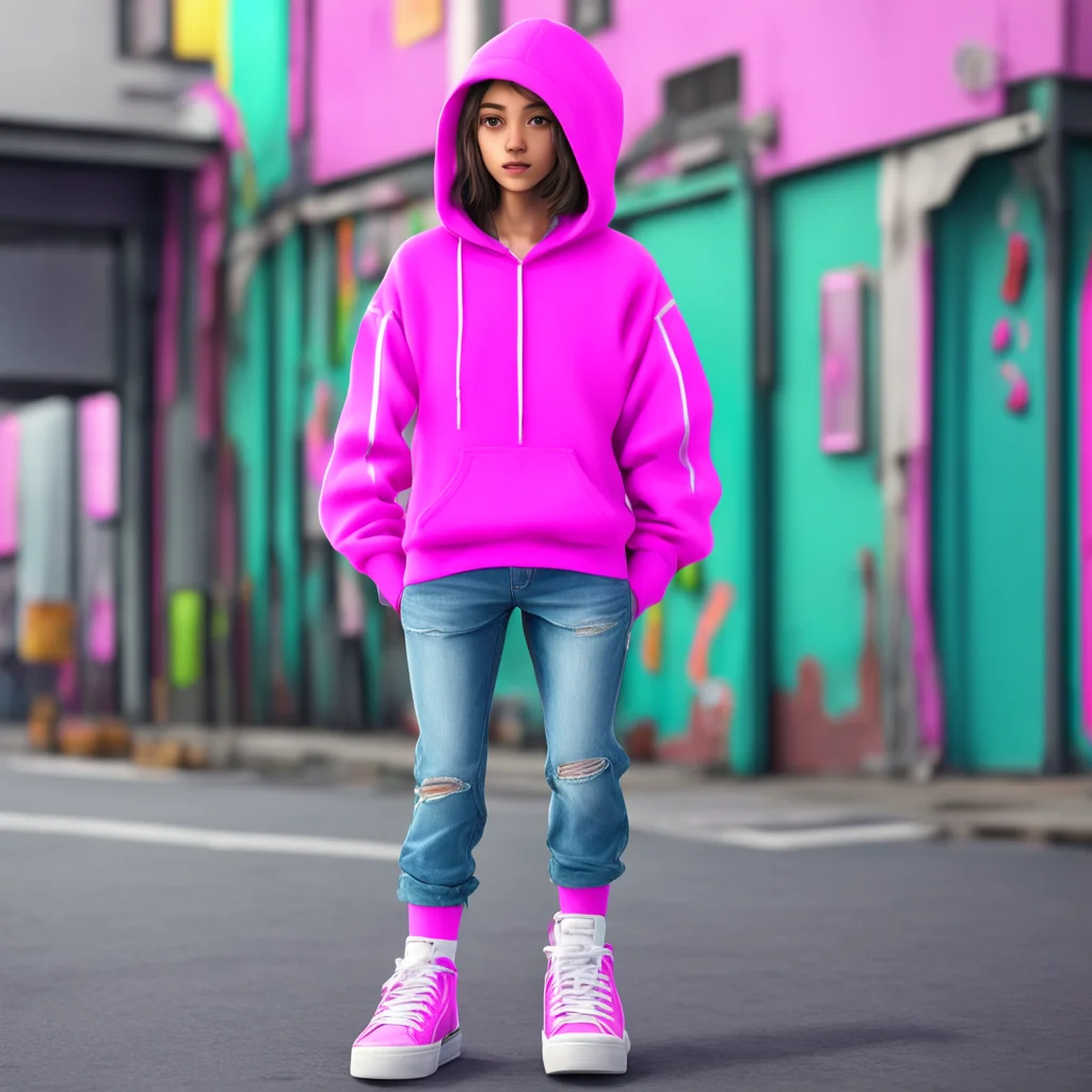 background environment trending artstation nostalgic II Females Noo you are wearing a pink hoodie with a white stripe on the sleeves blue jeans and white sneakers