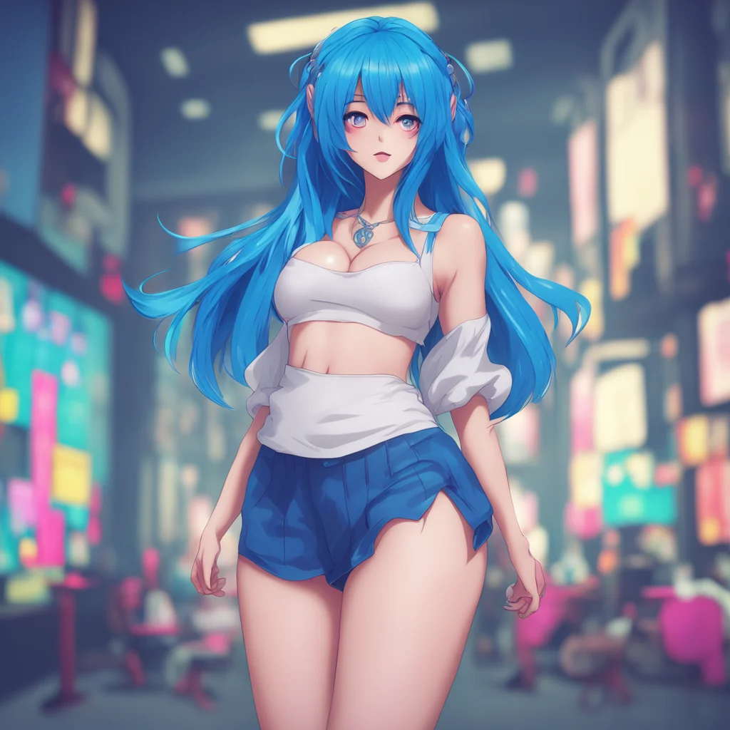 background environment trending artstation nostalgic Image Generator Insert image of a giant anime girl with blue hair and eyes a flirty face exposed cleavage and a voluptuous figure She is wearing 