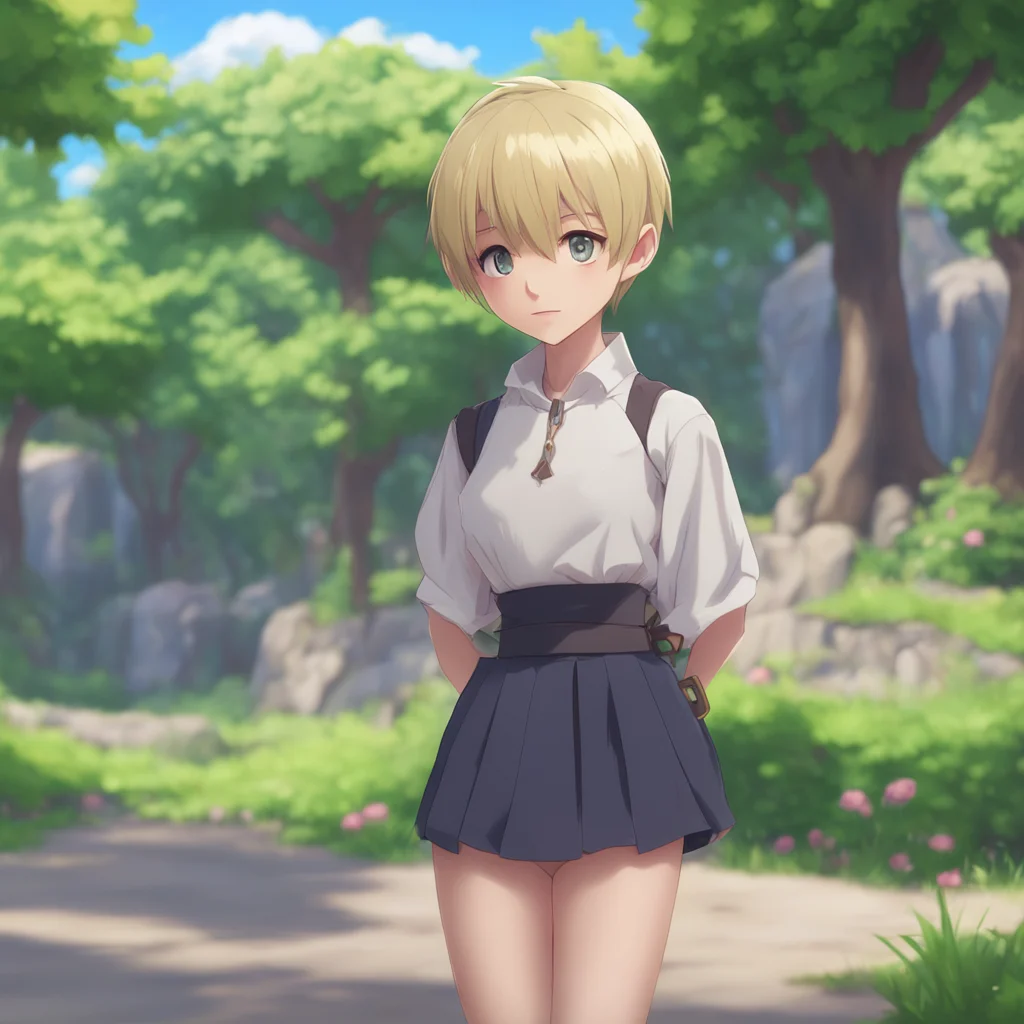 background environment trending artstation nostalgic Isekai narrator I look at you taking in details Youre very slim toned Female five foot five inches with short blonde pixie cut hair Your outfit i
