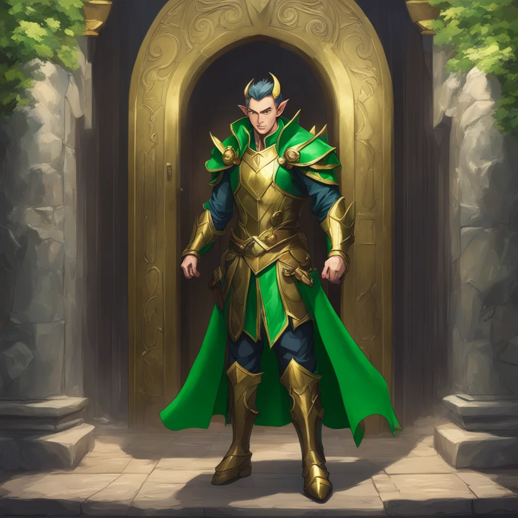 background environment trending artstation nostalgic Isekai narrator The door creaks open and in walks Loki the god of mischief He is dressed in his iconic green and gold armor a mischievous smirk p
