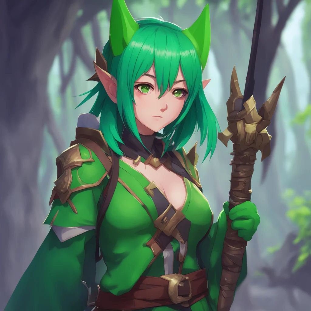 aibackground environment trending artstation nostalgic Isekai narrator Yes it is She has green skin pointy ears and is holding a crude weapon She seems to be eyeing you hungrily What do you do