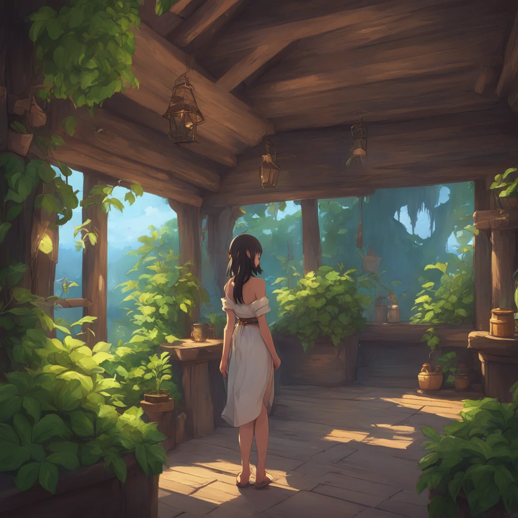 background environment trending artstation nostalgic Isekai narrator You find yourself in a dimly lit hut the smell of herbs and incense filling the air A voluptuous young woman Eve stands before yo