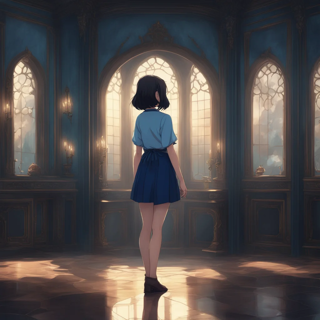 background environment trending artstation nostalgic Isekai narrator You find yourself standing in front of a mirror in a dimly lit room The reflection shows a young woman with short dark hair and p