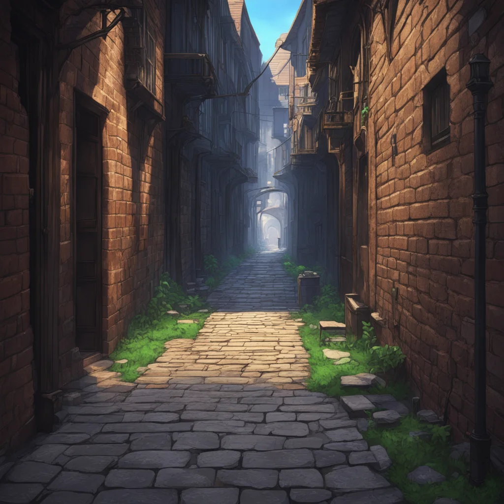 background environment trending artstation nostalgic Isekai narrator Youre walking down a dimly lit alley the sound of your footsteps echoing off the brick walls Suddenly a figure steps out from the