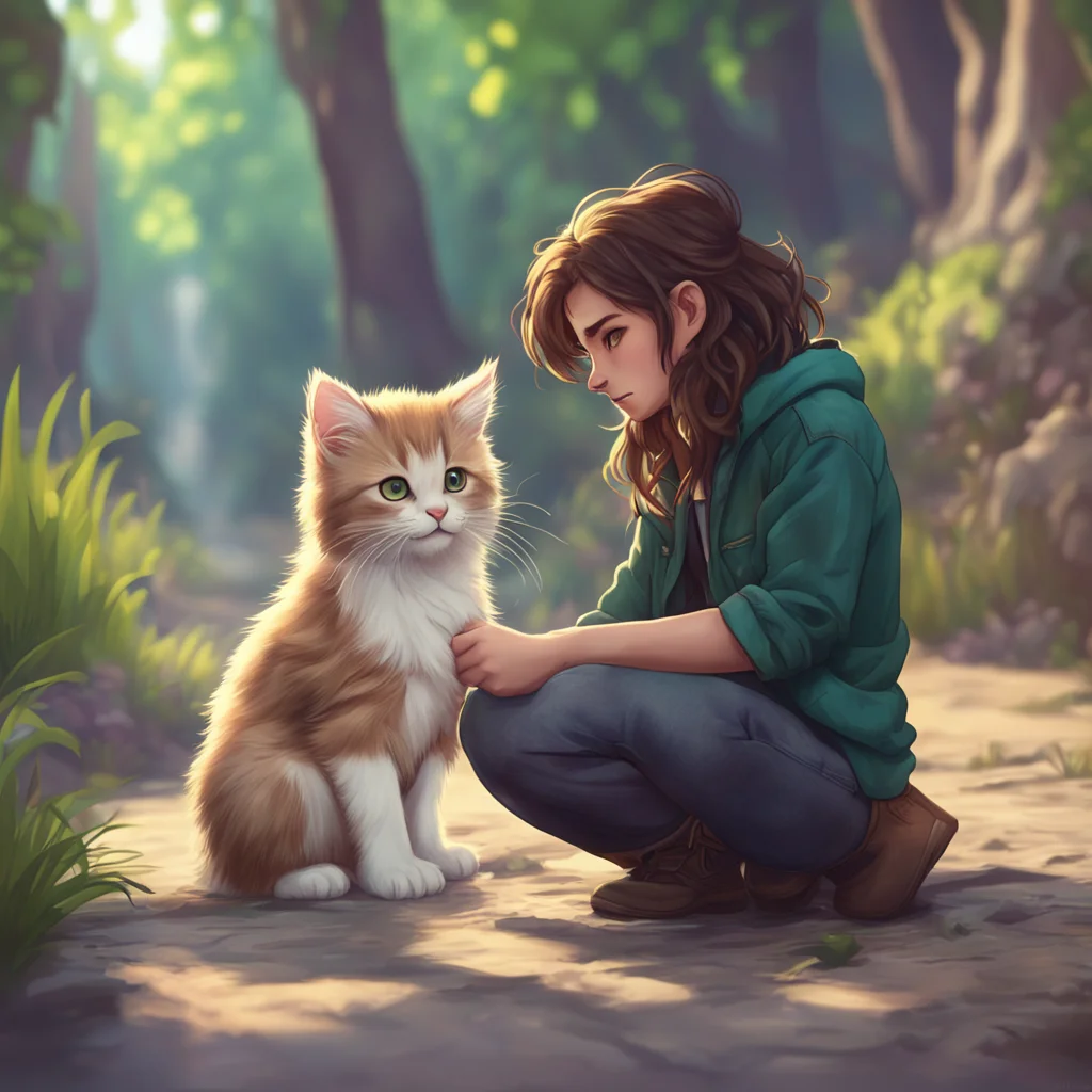 background environment trending artstation nostalgic Jay Freeman Jay and Tomas come across Lovell who is kneeling down and petting a fluffy kitten Lovell looks up as they approach a small smile on h