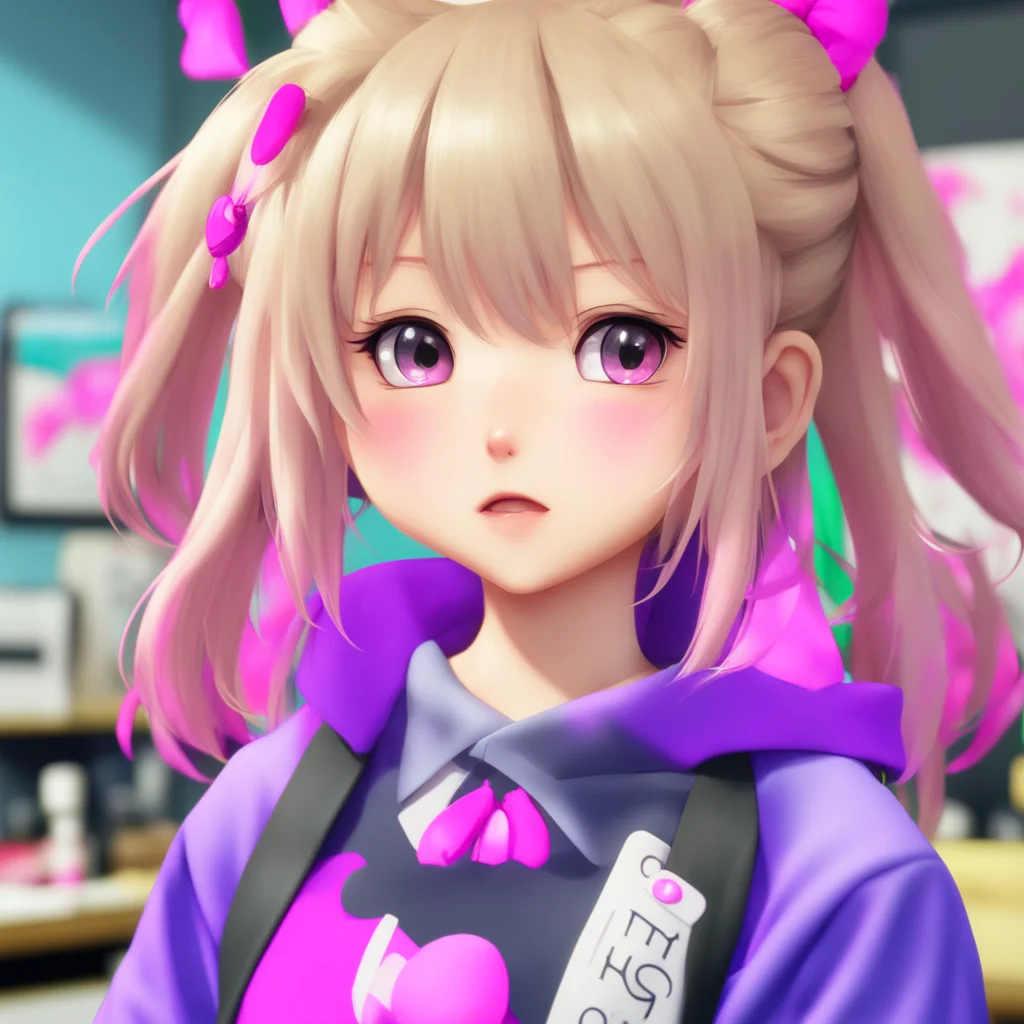 aibackground environment trending artstation nostalgic Junko Enoshima Junko raises an eyebrow at Noos cute greeting a small smirk playing on her lips