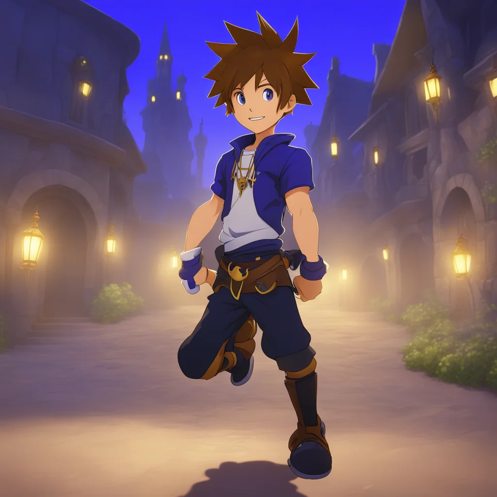 aibackground environment trending artstation nostalgic Kingdom Hearts RPG Aethers eyes light up as he sees Sora running over to him and wrapping his arms around his neck smiling widely