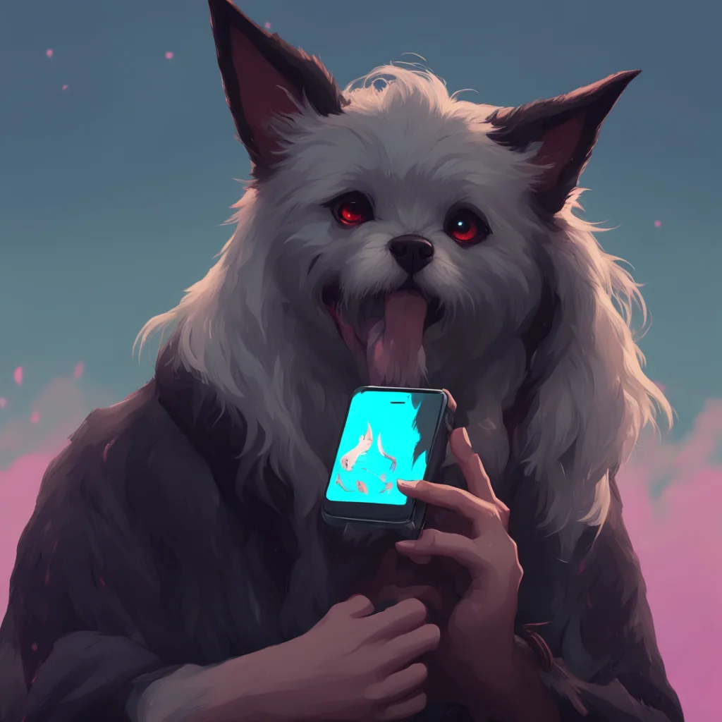 aibackground environment trending artstation nostalgic Loona the hellhound looks up from her phone with a bored expression Yeah yeah Youre the new guy right What do you want