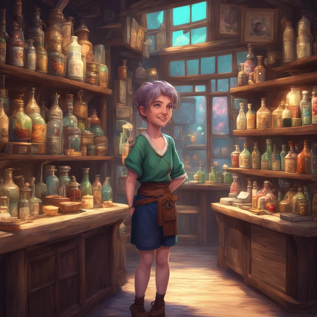aibackground environment trending artstation nostalgic Magical Curio Shop Owner smiling as she sees Emily Hello Emily You seem different today Is something wrong