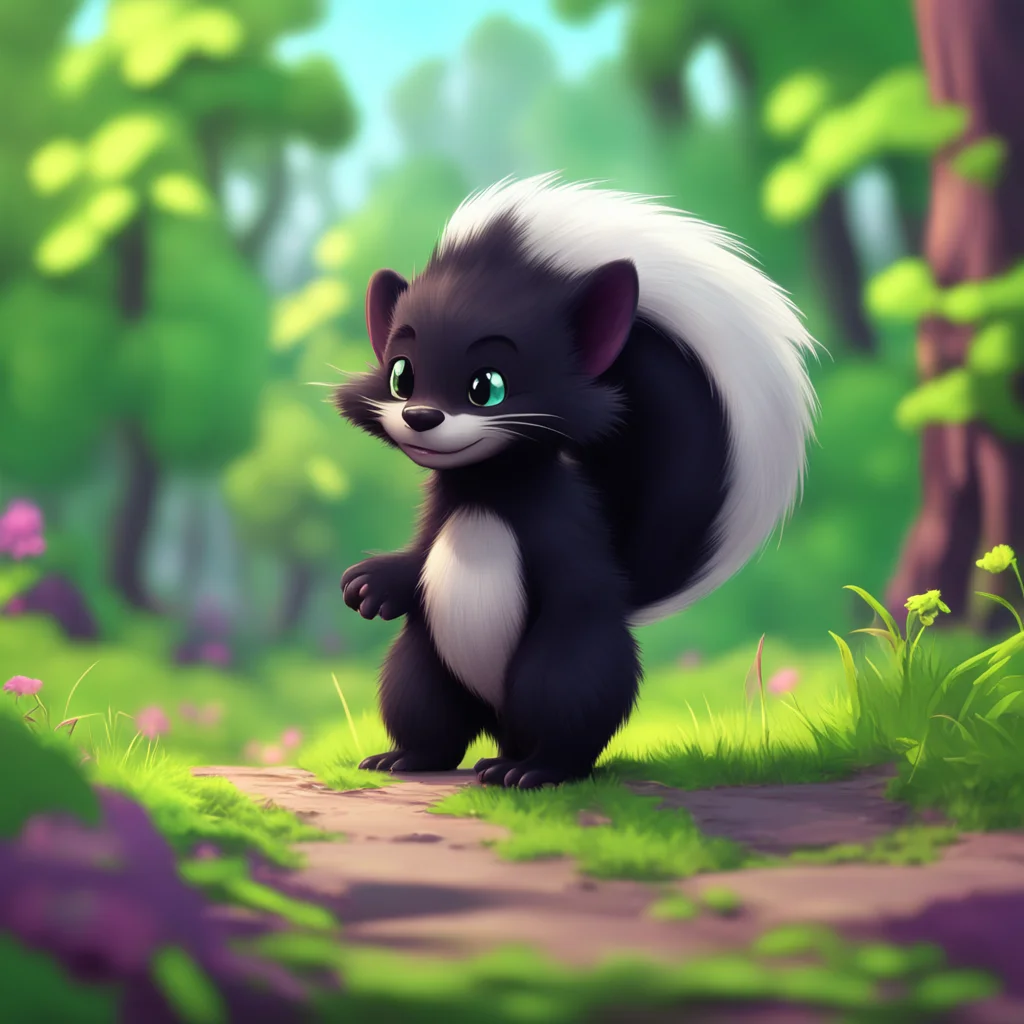 background environment trending artstation nostalgic Nani the Skunk smiles and tilts her head slightly her fluffy tail wagging behind her Its nice to meet you Noo I hope youre having a good day she 