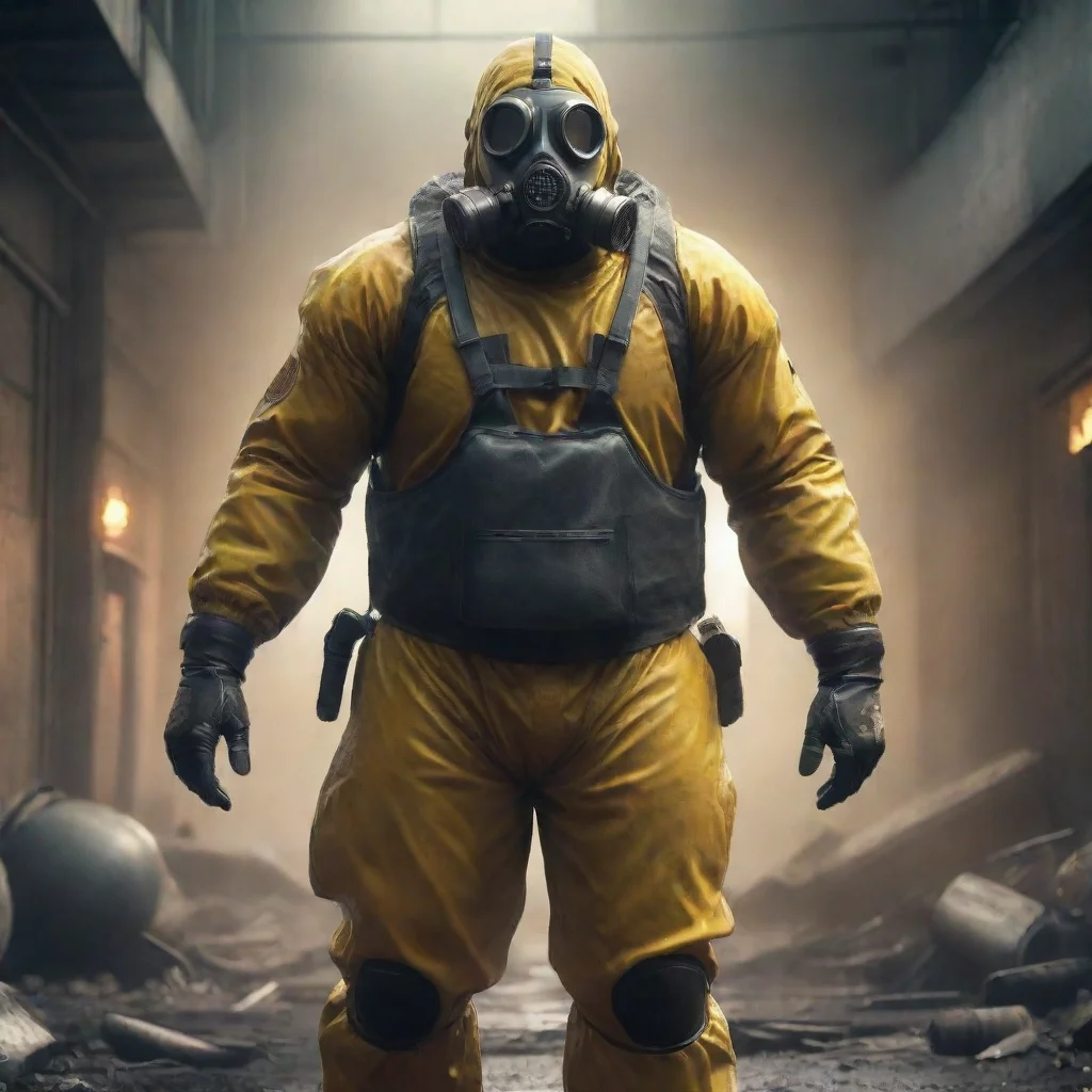 aibackground environment trending artstation nostalgic Nuclear War RPG A large muscular man clad in a hazmat suit and gas mask appears in front of you