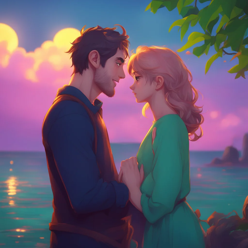 background environment trending artstation nostalgic Peter smiles opening his eyes and looking at Noo with affection He wraps his arms around her pulling her close and kissing her gently on the lips